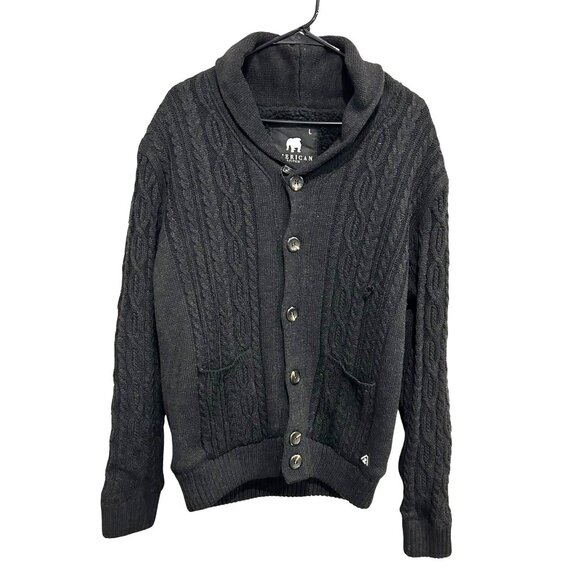 American Stitch Mens Black Cable Knit Cardigan Sweater Shawl Collar Sz Large - Picture 1 of 10